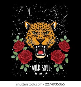 Alma salvaje, fondo negro con rayas blancas y salpicaduras, un jaguar salvaje, cuatro flores rojas y tres estrellas blancas.
Diseño de moda, Vectores para camisetas y aplicaciones interminables.