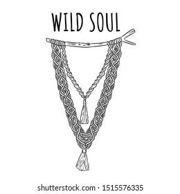 Wild soul. Macrame boho style label. Textile knotting design element. Simple mono linear indigenous monogram