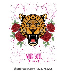 Wild soul nervous jaguar head and red roses vector t-shirt fashion design