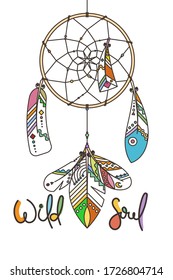 Wild Soul. Ornate dream catcher with feathers. Vector abstract illustration, modern line style. Background or greeting card with place for your text