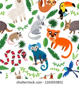 Wild South America animals seamless pattern. American cute drawing animal in flat style isolated on white. Including puma, armadillo, humming bird, sloth, snake coral snake, lama, alpaca, toucan