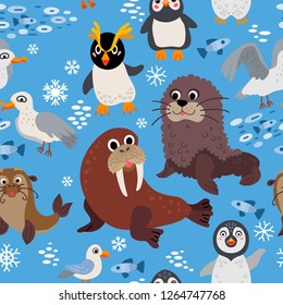 Wild South Pole animals seamless pattern. Arctic cute drawing animal in flat style isolated on white. Including walrus, Seal, penguin, seagull