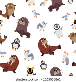 Wild South Pole animals seamless pattern. Arctic cute drawing animal in flat style isolated on white. Including walrus, Seal, penguin, seagull