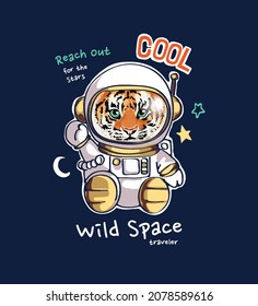 wild space traveler slogan with tiger cub astronaut vector illustration