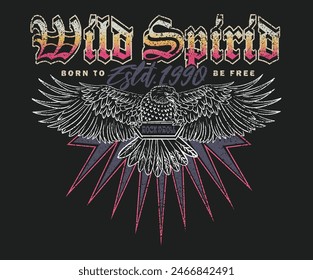 Wild spirit. Eagle rebel rock tour graphic print design. Make some noise rock and roll artwork design. 