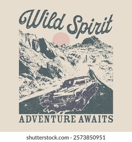 Wild and spirit . Feel the sunset. Mountain artwork. Spirit of the west. Arizona desert vibes graphic print artwork for apparel, American Desert Tour, Vintage wild west Road Tripe, women's , men's, 