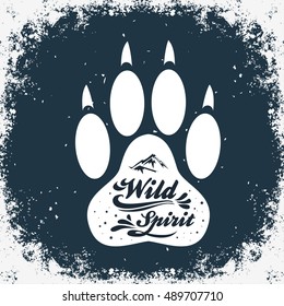 Wild Spirit. Inspiration Typography for t-shirt print. Wolf. Travel, adventure poster.