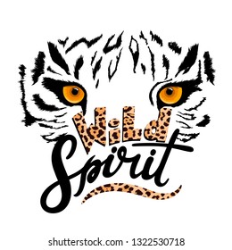 Wild spirit leopard slogan. Yellow eyes of a leopard. Vector illustration. Isolated on white background.