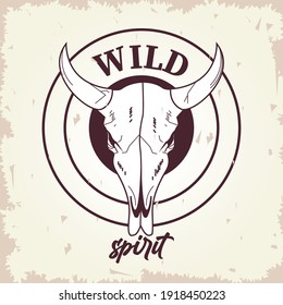 wild spirit lettering with bull head skull vector illustration design