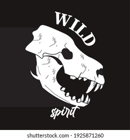 wild spirit lettering with lion head skull vector illustration design