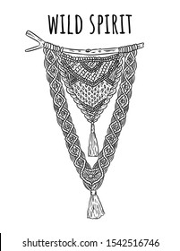 Wild spirit. Macrame boho style label. Textile knotting design element. Simple mono linear indigenous monogram
