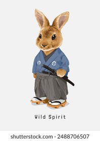 wild spirit slogan with cartoon rabbit in samurai costume vector illustration