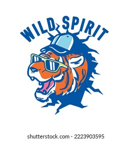 Wild Spirit.Cool tiger character design.Fun t-shirt design. Vector illustration design for fashion fabrics, textile graphics, print.