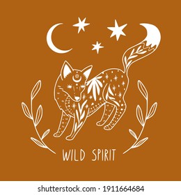 Wild Spitit. Line art fox, moon, stars and leaves. Doodle mystic illustration. White outline forest animal. Boho abstract poster with magic symbols. Hand drawn templates for card, t-shirt print, tatoo