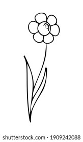 Wild Spring Flower Like Chamomile, Vector Illustration. Simple Cartoon Line Art. Hand Drawn, Minimalistic Black Flower On A White Background. Isolated. Logo, Emblem, Sign, Icon.
