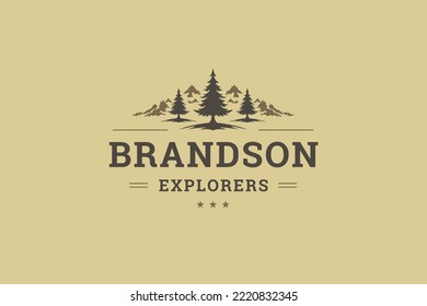 Wild spruce trees forest at mountain hilly terrain nature travel exploration vintage logo design template vector illustration. Hiking camping expedition trekking tourism club community label mark