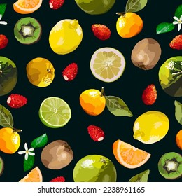 Wild srtawberry and citrus fruits vector seamless pattern