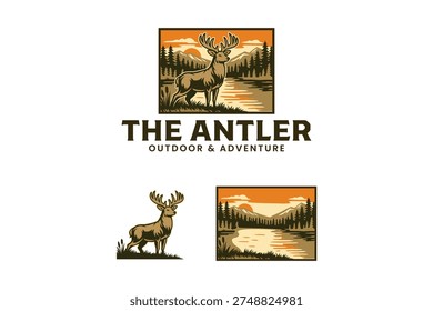Wild stag deer with mountain lake landscape retro illustration logo design set for adventure and outdoor. Antler deer standing in forest sunset vintage patch emblem element pack for hunting