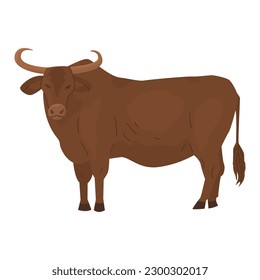 Wild steppe bull with big horns. Aggressive posture. Dangerous animal. Cattle. Big animal safari. Vector illustration. Isolated object on white background.
