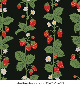 Wild strawberries bush stem, whip vector seamless pattern. Summer forest berry hand drawn texture for wallpapers, textile, wrapping paper, fabric, packaging, cards. Cute fruit flat cartoon background