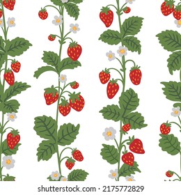 Wild strawberries bush stem, whip vector seamless pattern. Summer forest berry hand drawn texture for wallpapers, textile, wrapping paper, fabric, packaging, cards. Cute fruit flat cartoon background