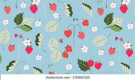 Wild strawberries and leaves pattern. Seamless strawberry fabric, web banner design. Small red berries on a soft sky blue background. Repeating texture. Delicious berries background, wallpaper.