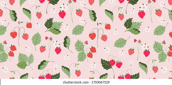 Wild strawberries pattern. Seamless strawberry and leave texture for fabric, web banner design. Small red berries on a pink background. Repeating texture. Delicious berries background, wallpaper.