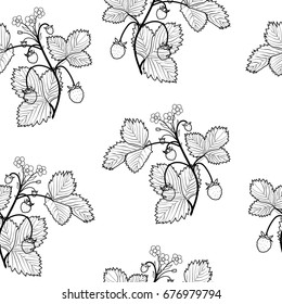 Wild strawberries seamless vector background, black and white periodic pattern.