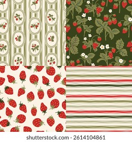 Wild strawberries summer pattern set. Seamless berry flower stripes textures, fabric, tablecloth 