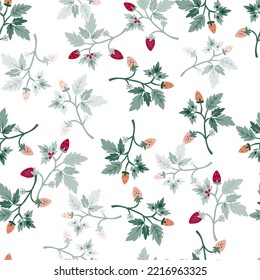 Wild strawberry seamless pattern. Wild berries floral wallpaper. Strawberry plant endless backdrop. Design for fabric, textile print, wrapping paper, cover. Vector illustration