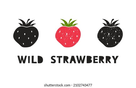 Wild strawberry, silhouette icons set with lettering. Imitation of stamp, print with scuffs. Simple black shape and color vector illustration. Hand drawn isolated elements on white background