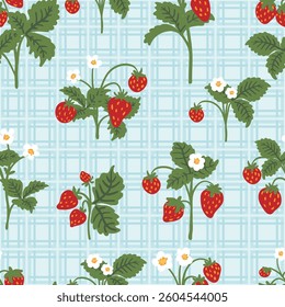 wild strawberry trellis blue checkered seamless pattern. food print for kitchen decor tablecloths