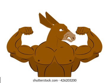 Wild strong donkey athlete. Aggressive fitness animal. mythical  beast sportsman with huge muscles. Bodybuilder with long ears. Sports team mascot mule
