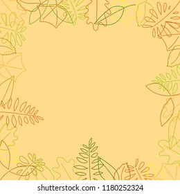 Wild stylized autumn red, brown, yellow and orange leaves in a frame. Vector isolated on orange background eps.10, warm colours.