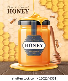 Wild sunflower honey package design with honey dipper and dripping liquid in 3d illustration with honeycomb engraved background