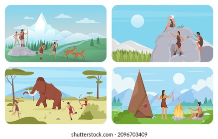 Wild survival scenes with primitive people of prehistory ages set vector illustration. Cartoon caveman family cook meat on fire, tribe characters hunting animals, paleolithic era education background