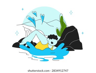 Wild Swimming Vector Illustration Featuring Outdoor Adventure, Natural Waterfall, Mountain Lake, Refreshing Summer Activity and Leisure Lifestyle