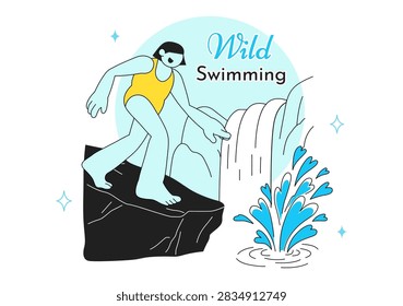 Wild Swimming Vector Illustration Featuring Outdoor Adventure, Natural Waterfall, Mountain Lake, Refreshing Summer Activity and Leisure Lifestyle