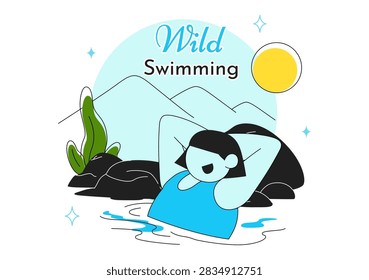 Wild Swimming Vector Illustration Featuring Outdoor Adventure, Natural Waterfall, Mountain Lake, Refreshing Summer Activity and Leisure Lifestyle