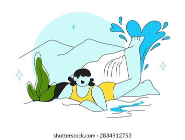 Wild Swimming Vector Illustration Featuring Outdoor Adventure, Natural Waterfall, Mountain Lake, Refreshing Summer Activity and Leisure Lifestyle