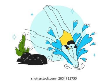 Wild Swimming Vector Illustration Featuring Outdoor Adventure, Natural Waterfall, Mountain Lake, Refreshing Summer Activity and Leisure Lifestyle