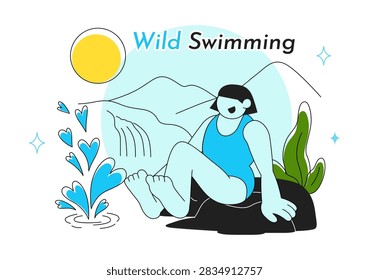 Wild Swimming Vector Illustration Featuring Outdoor Adventure, Natural Waterfall, Mountain Lake, Refreshing Summer Activity and Leisure Lifestyle
