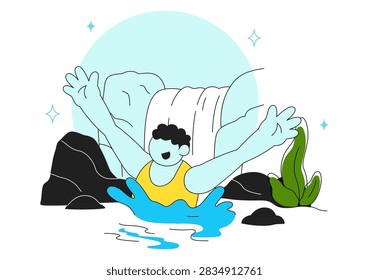 Wild Swimming Vector Illustration Featuring Outdoor Adventure, Natural Waterfall, Mountain Lake, Refreshing Summer Activity and Leisure Lifestyle