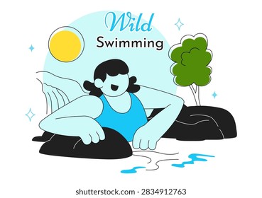 Wild Swimming Vector Illustration Featuring Outdoor Adventure, Natural Waterfall, Mountain Lake, Refreshing Summer Activity and Leisure Lifestyle