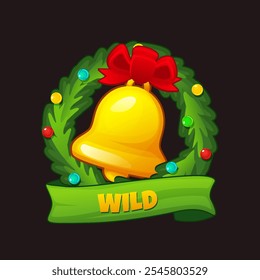 Wild Symbol für Weihnachten themed Spielautomaten. Fröhliche Weihnachten Symbol oder Symbol für Ihr Spiel Vermögenswerte. Weihnachtskranz und goldene Weihnachtsglocken Ikone.