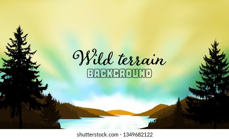 Wild terrain background. Lake (river) and pine forest. Sunset.  Spring. Blue, yellow and brown tones.