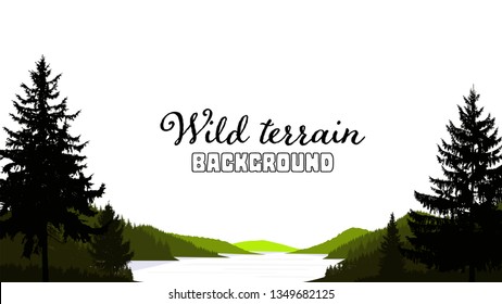 Wild terrain background. Lake (river) and pine forest. Sunset.  Spring. Black, green and white tones.