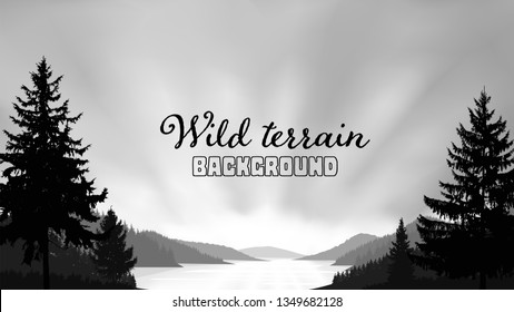 Wild terrain background. Lake (river) and pine forest. Sunset.  Spring. Grayscale tones.