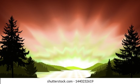 Wild terrain background. Lake (river) and pine forest. Red and green tones.