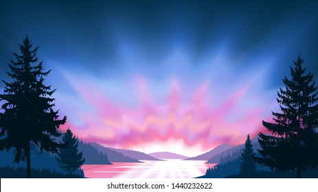Wild terrain background. Lake (river) and pine forest. Pink and blue tones.